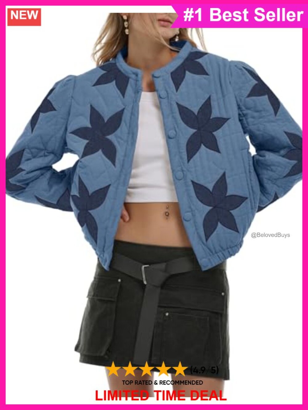 Floral Embroidered Quilted Jacket Lightweight Winter Coat Boyfriend Style